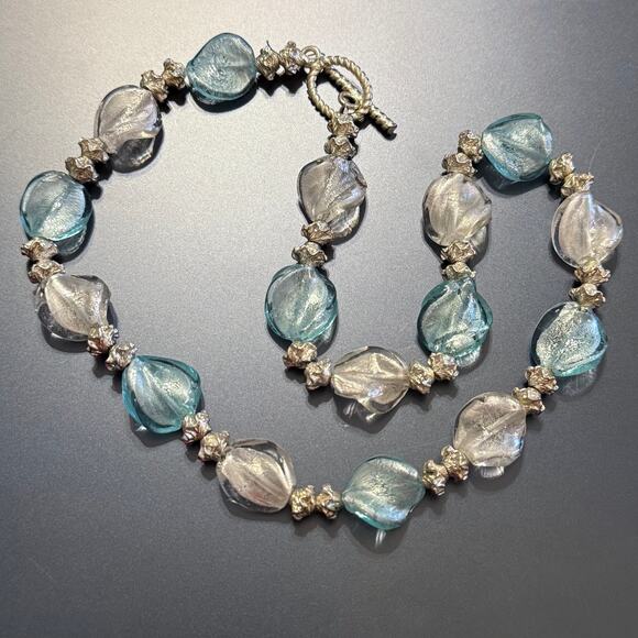 Artisan Jewelry - Light Blue White Twisted Artisan Glass Beaded Link Necklace